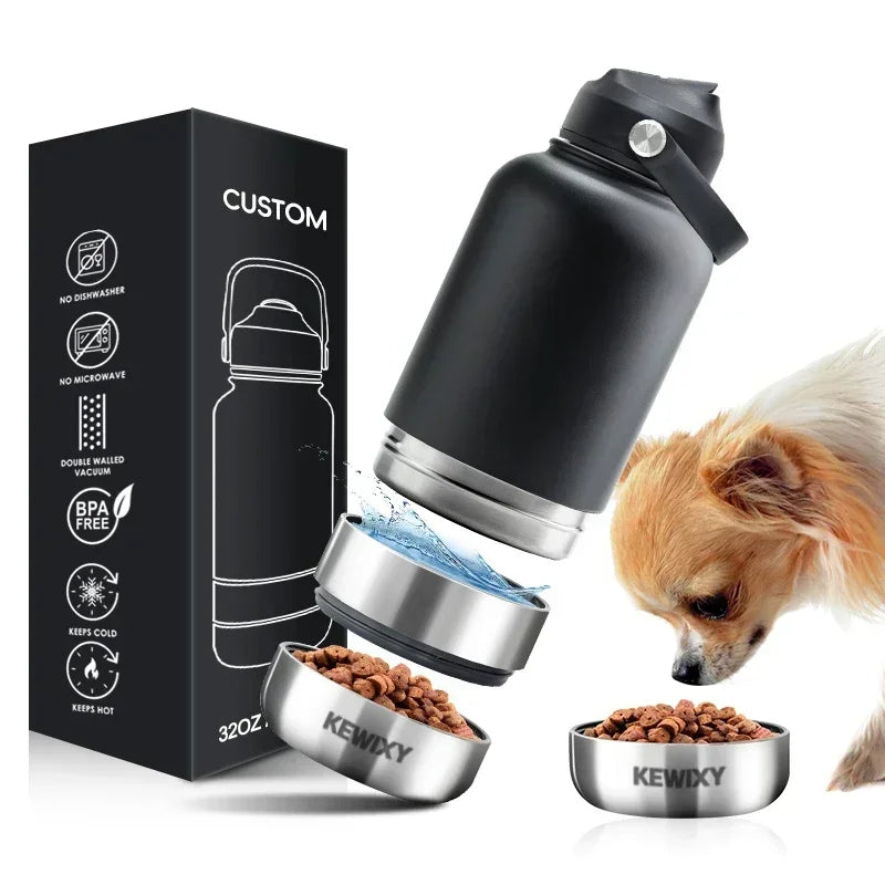 3 in 1 Stainless Steel Thermos with Dog Feeder and Water Bowl