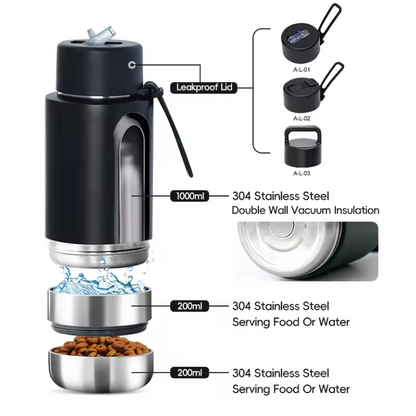 3 in 1 Stainless Steel Thermos with Dog Feeder and Water Bowl